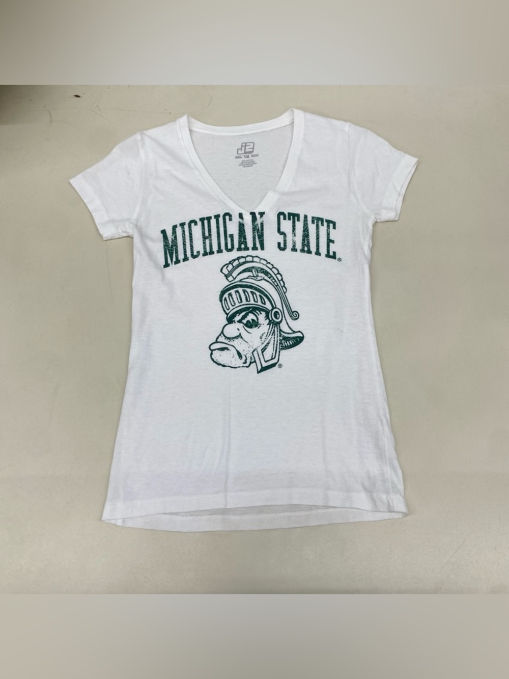Michigan State Women's White V-Neck Tee with Spartan Logo